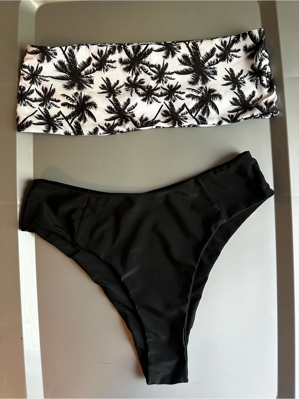 SHEIN Black Bikini Bottom with Black & White Palm Print Bandeau Top